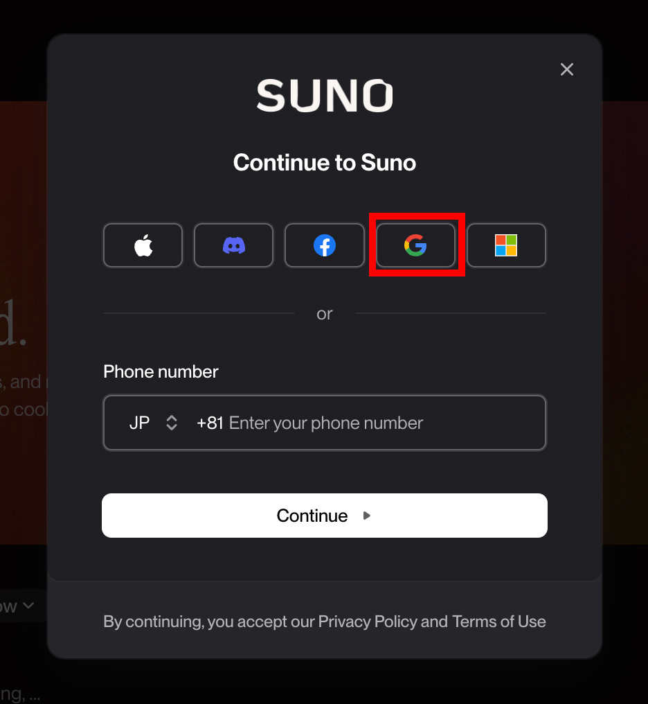 アカウント登録ができるポップアップが開きます。